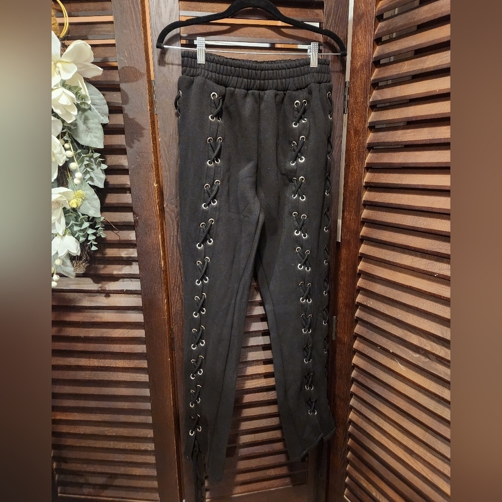 PrettyLittleThing Black Lace-Up Side Joggers